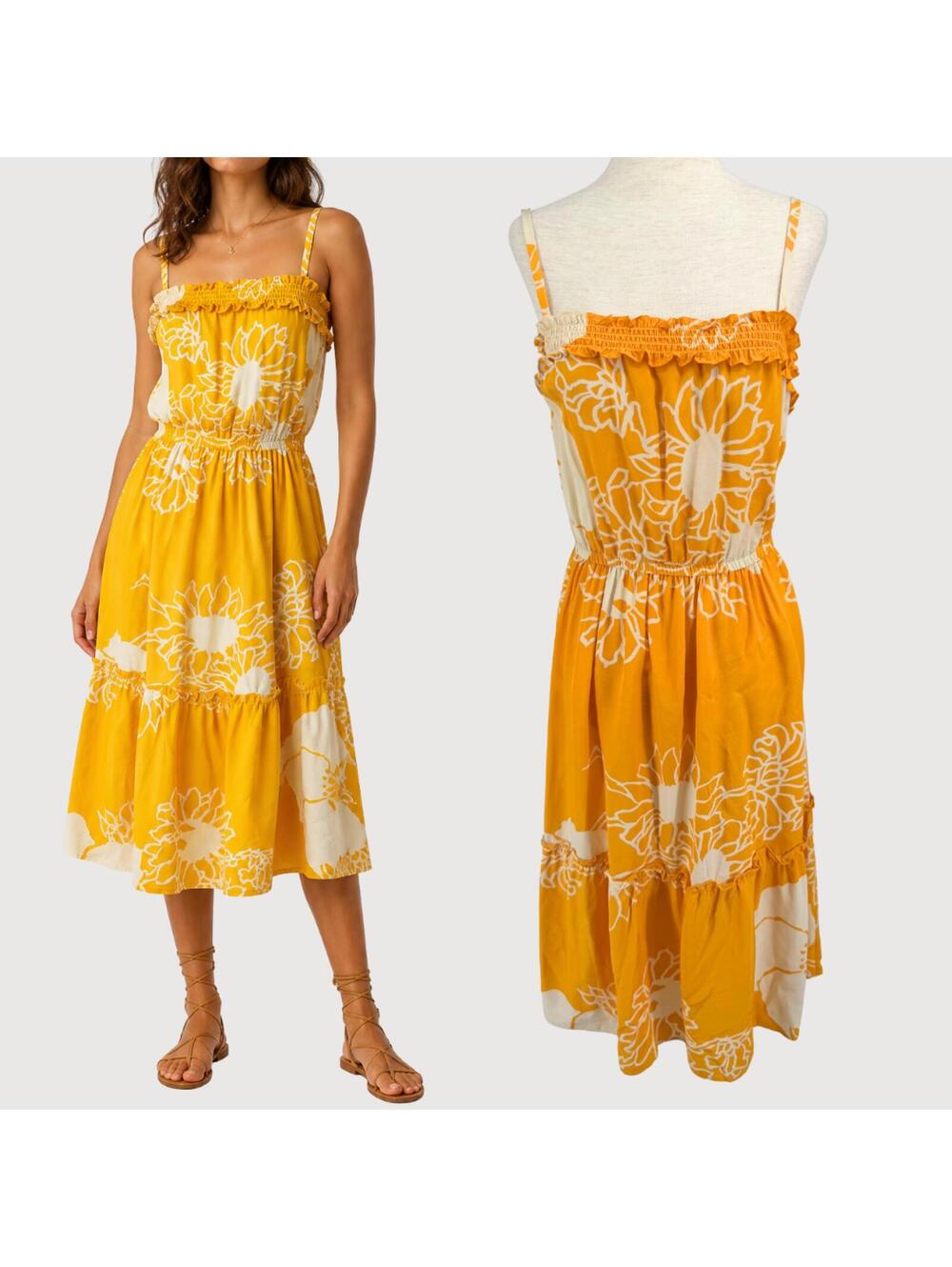 Nieves Lavi Silk Floral Midi Dress Yellow XS